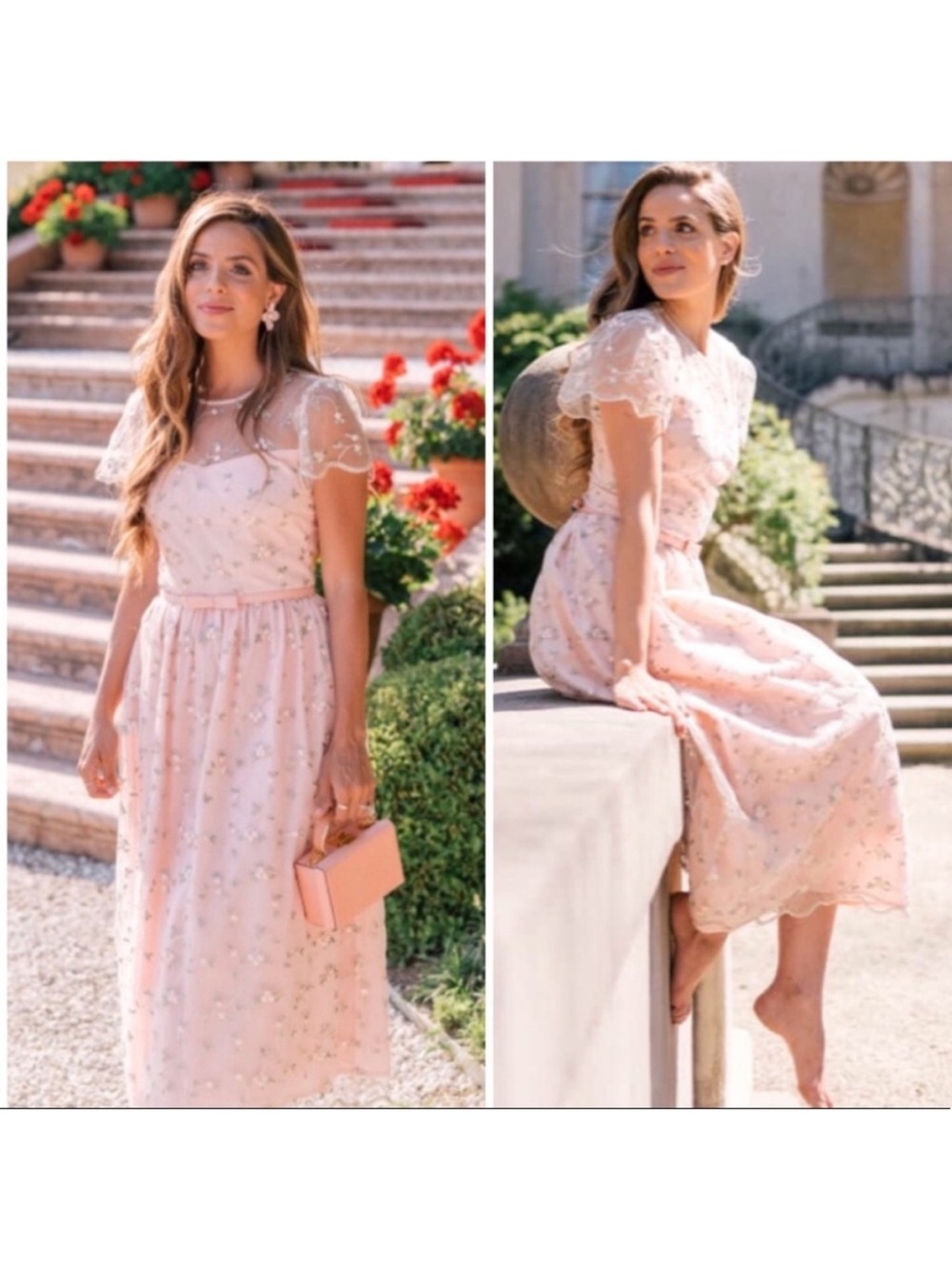 Gal Meets Glam Light Blush Floral Midi Dress with Sheer Sleeves